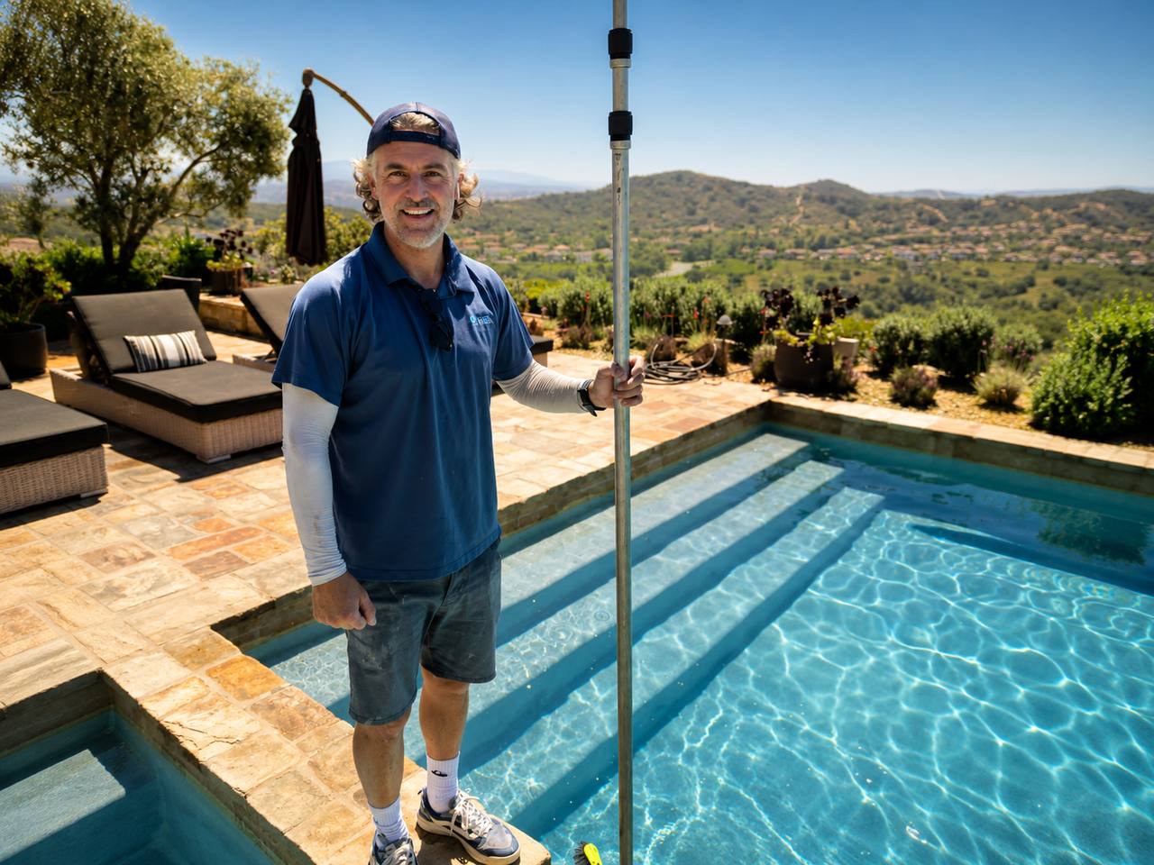Italian Pools & Spas technician servicing a hillside pool in Orange County
