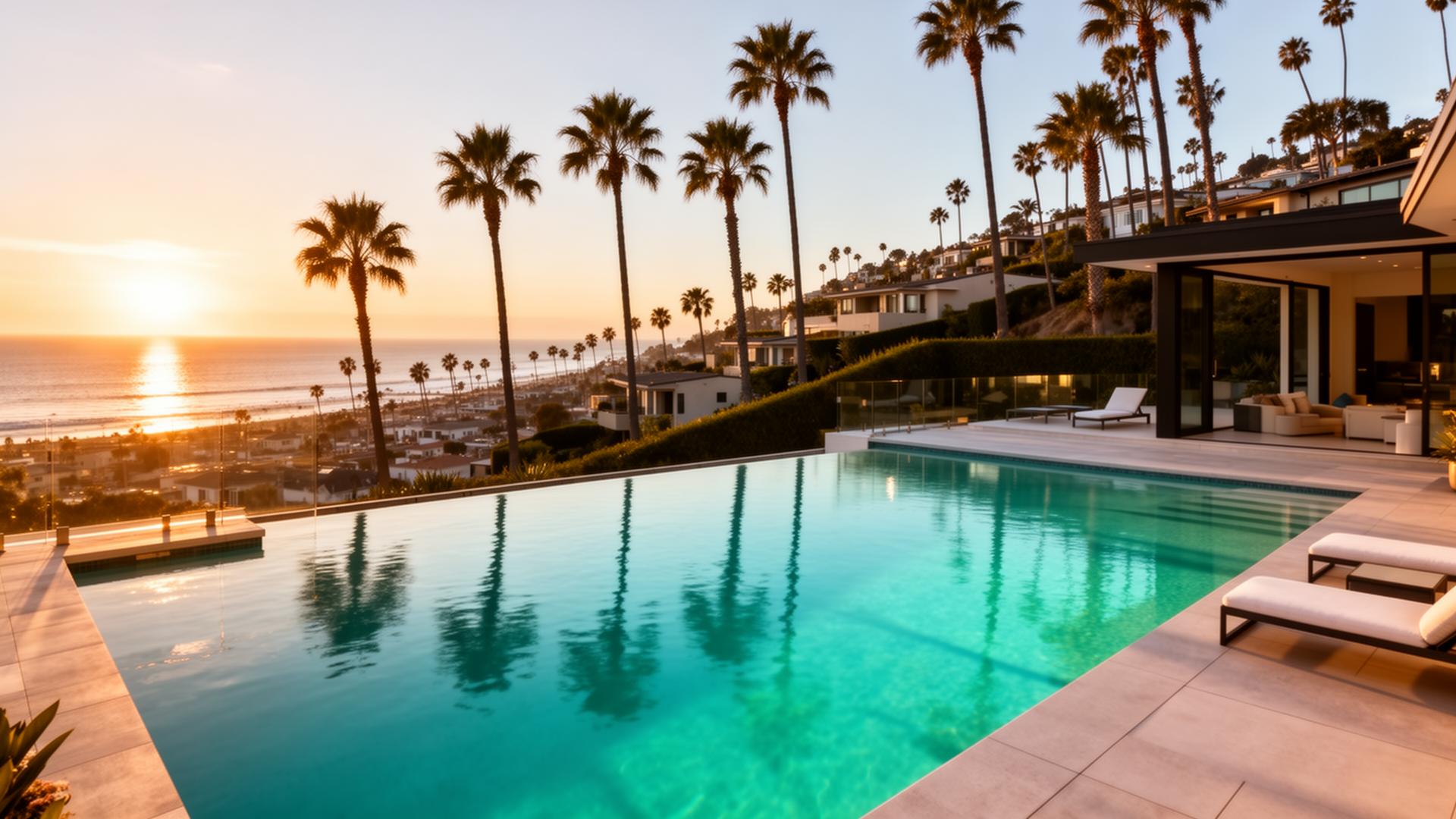Luxury swimming pool at sunset in Newport Beach, California